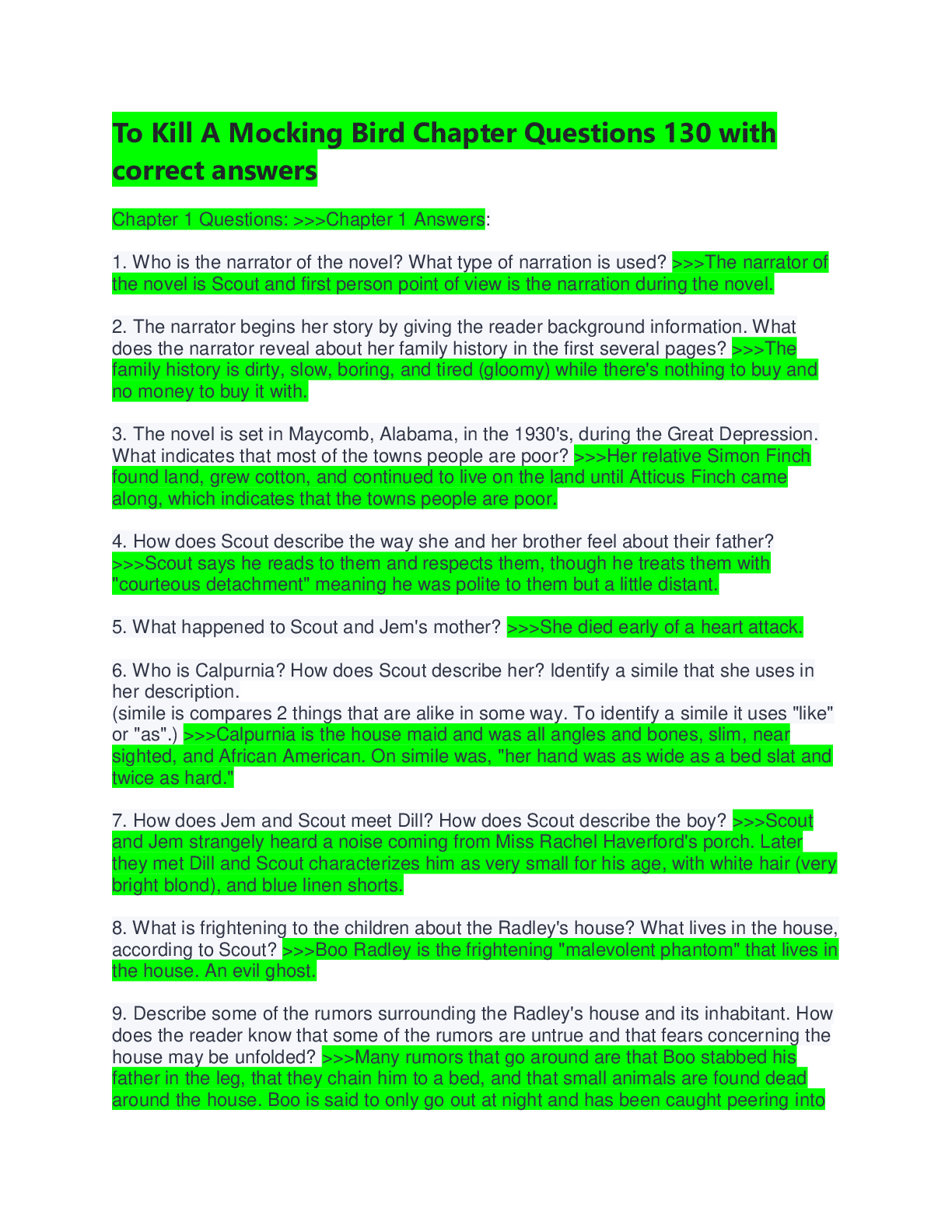 To Kill a Mockingbird Study Guide Practice Test.